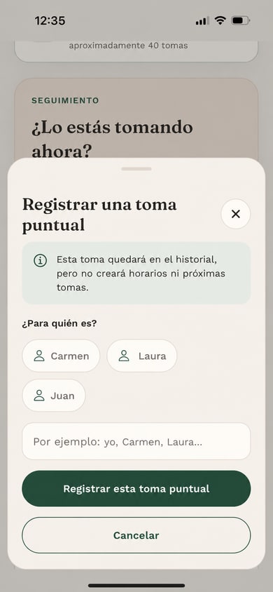 Pantalla de BotiQa para registrar una toma para Carmen, Laura o Juan
