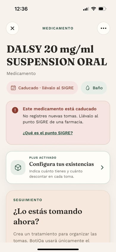 Ficha de un medicamento caducado con indicaciones para llevarlo al punto SIGRE